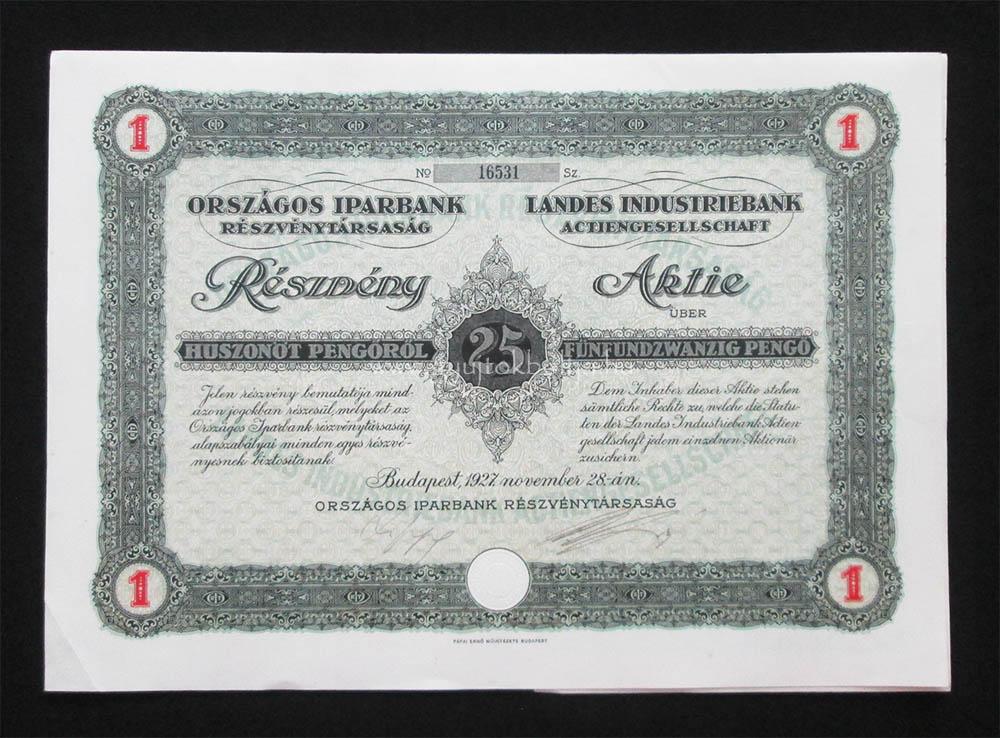 Országos Iparbank Rt. részvény 25 pengő 1927
